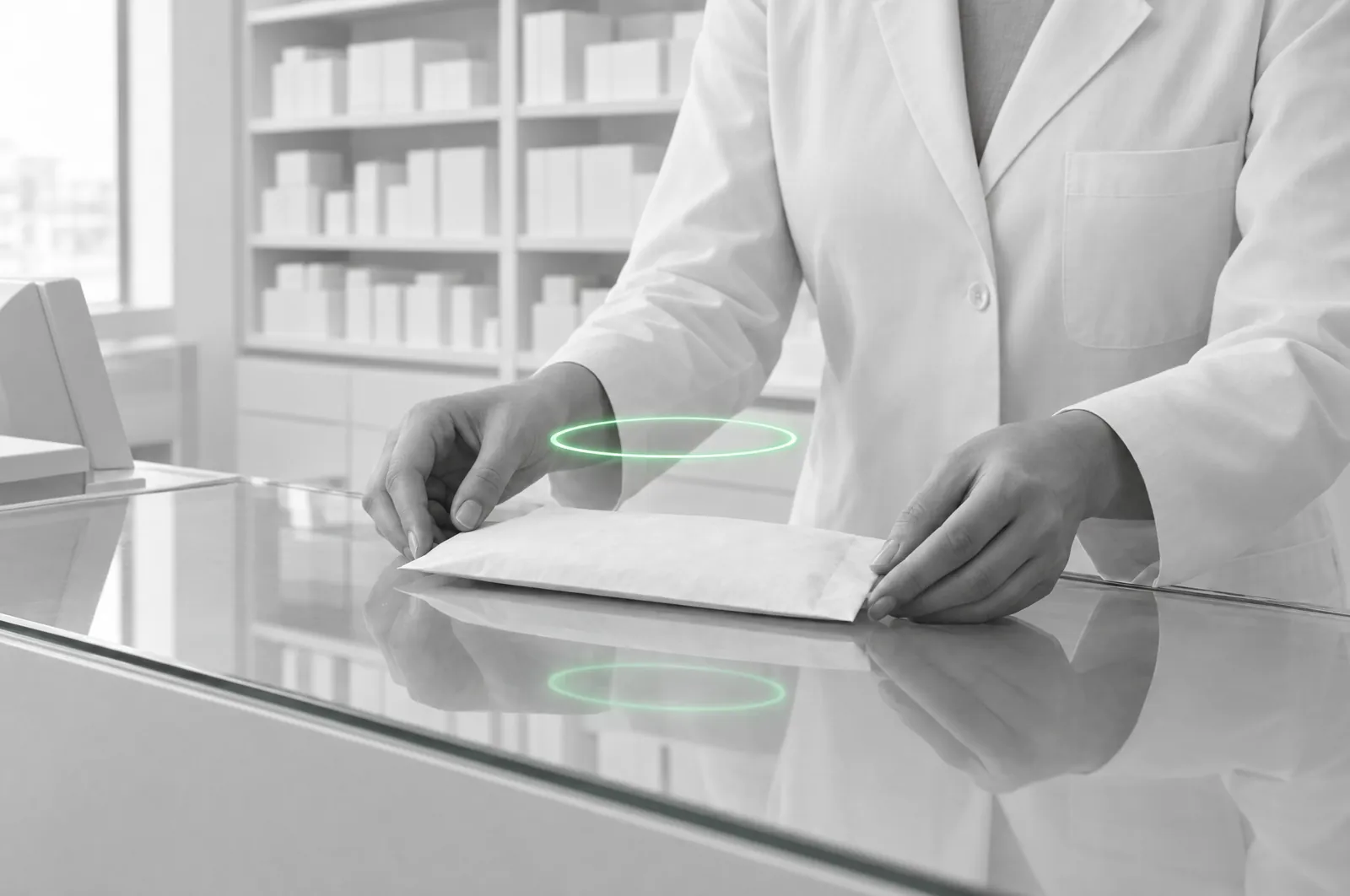 Une pharmacienne pose une enveloppe scellée sur le comptoir d'une pharmacie