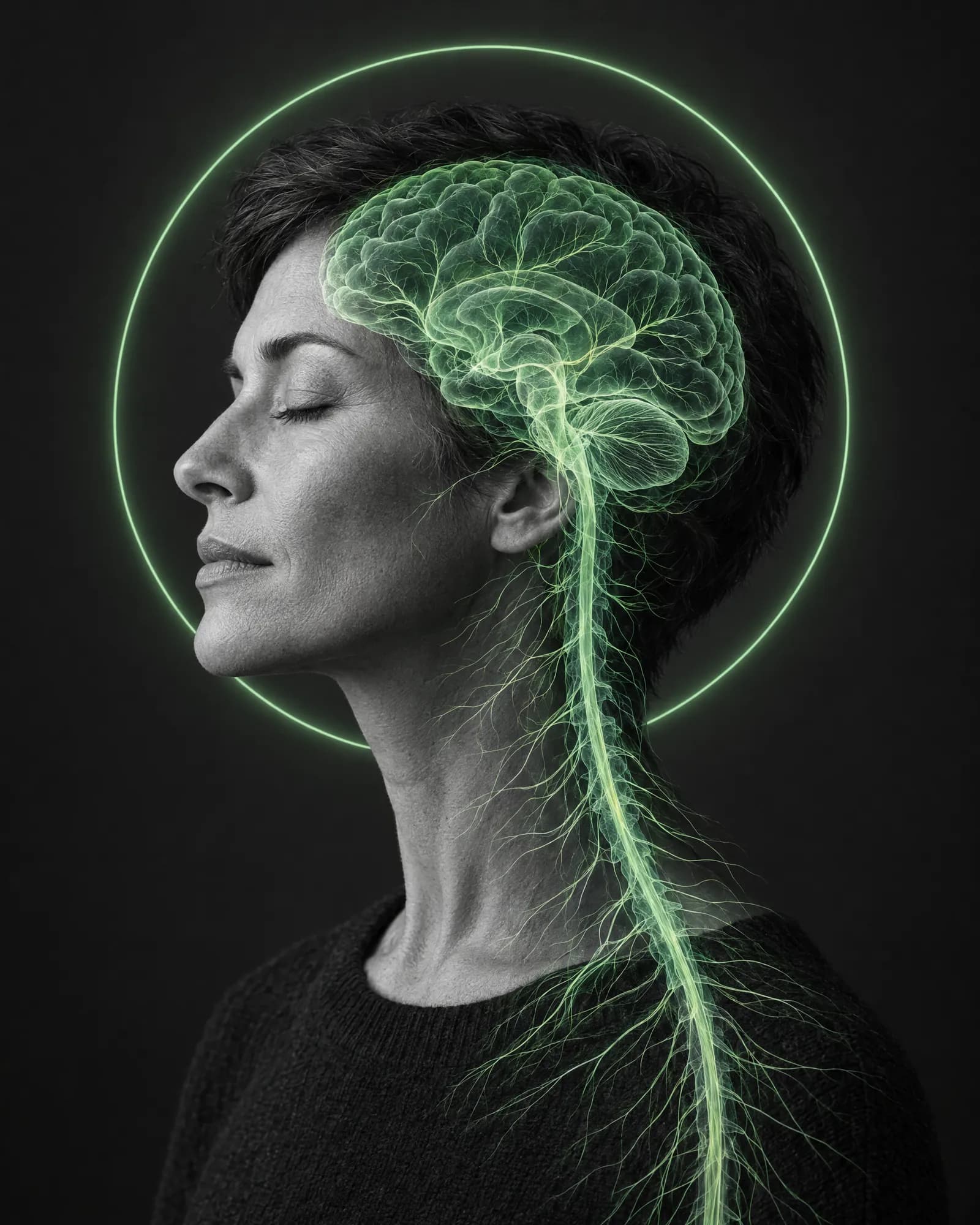 Black and white portrait of a woman with closed eyes, the nervous system drawn in green light